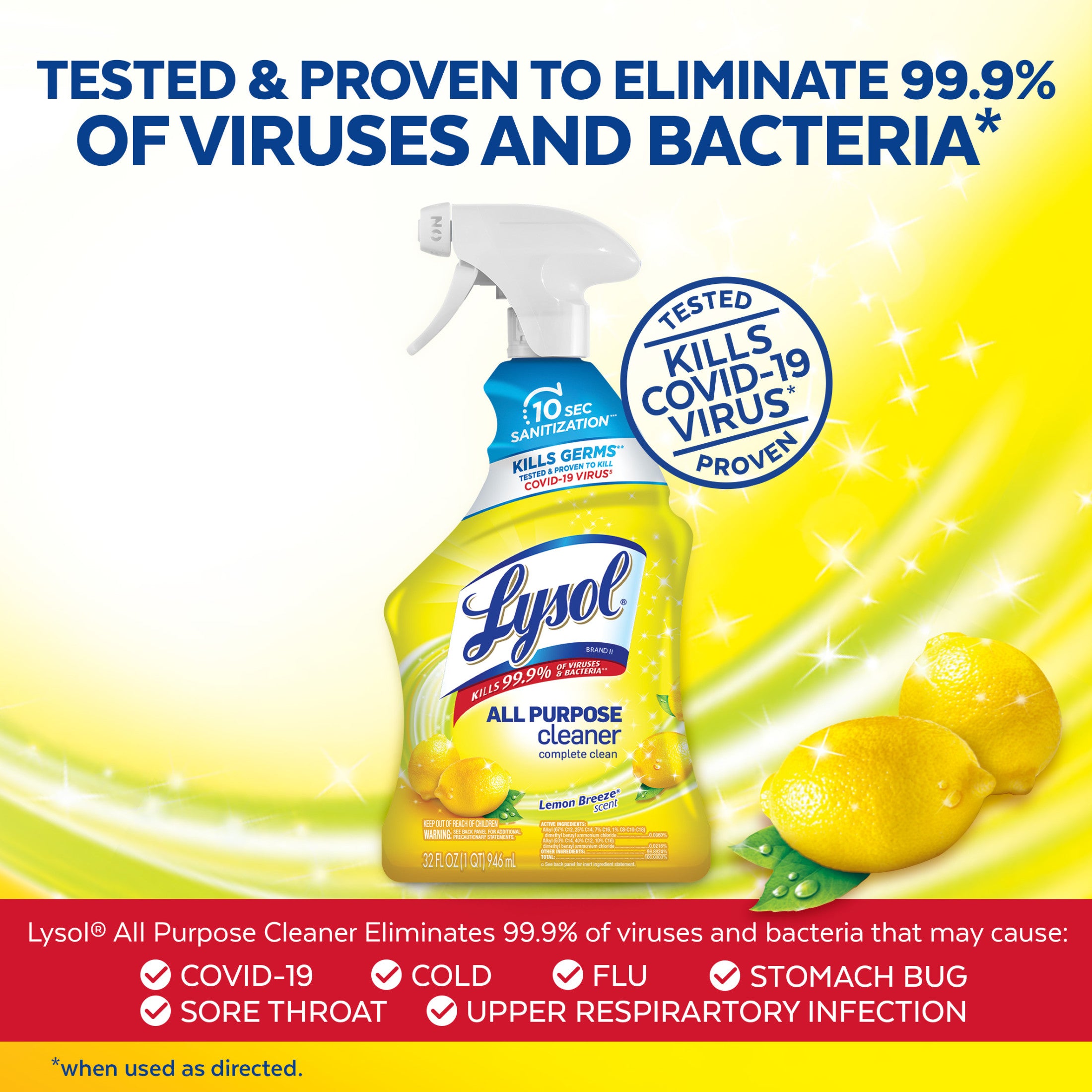 Lysol All Purpose Spray Cleaner for Sanitizing and Disinfecting, Lemon, 32 oz, 2 pack